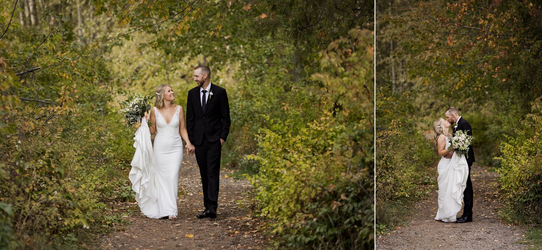 bride and groom photos at fintry provincial park in autumn