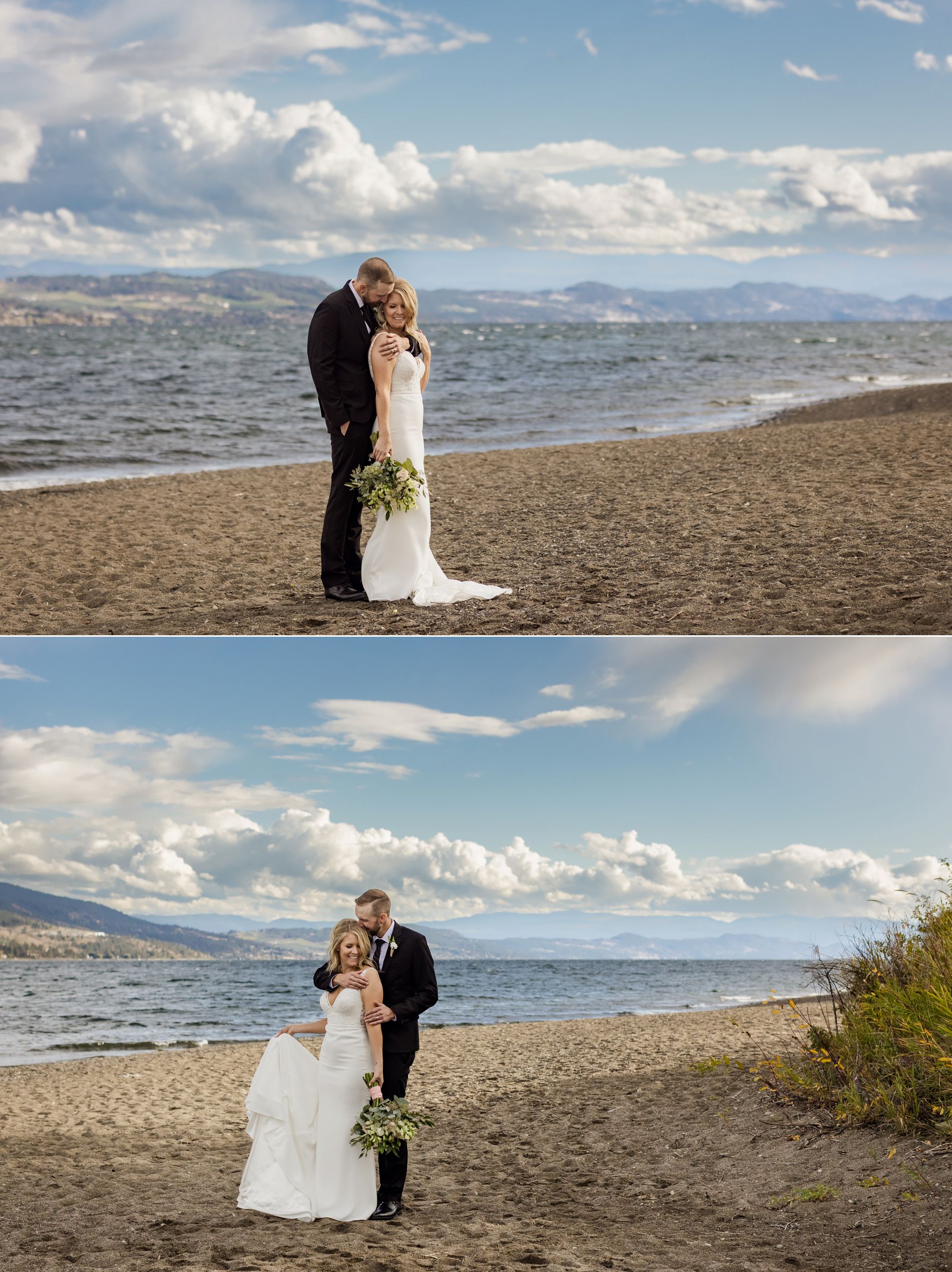 bride and groom photos at fintry provincial park on the beach