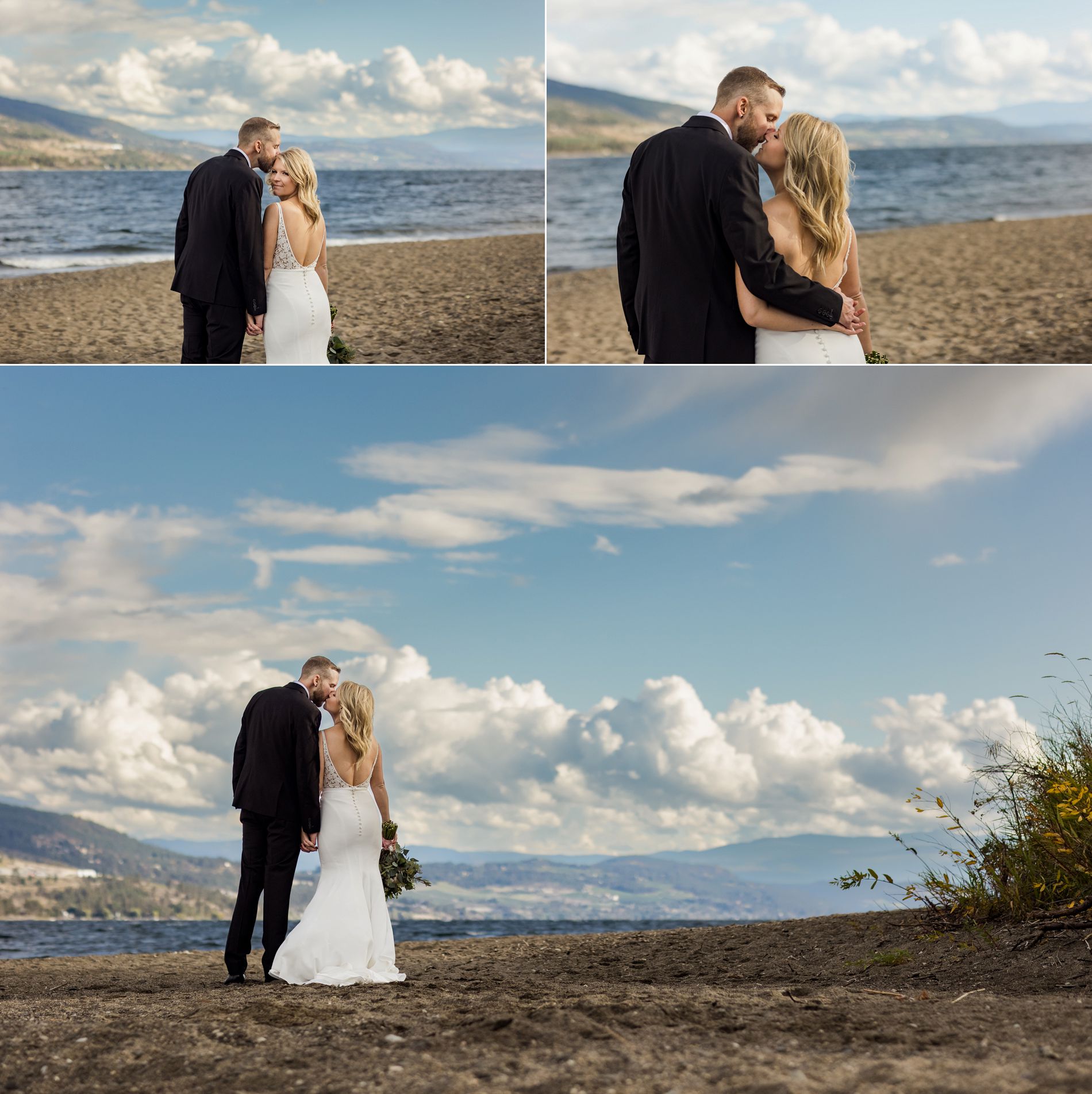 bride and groom photos at fintry provincial park on the beach