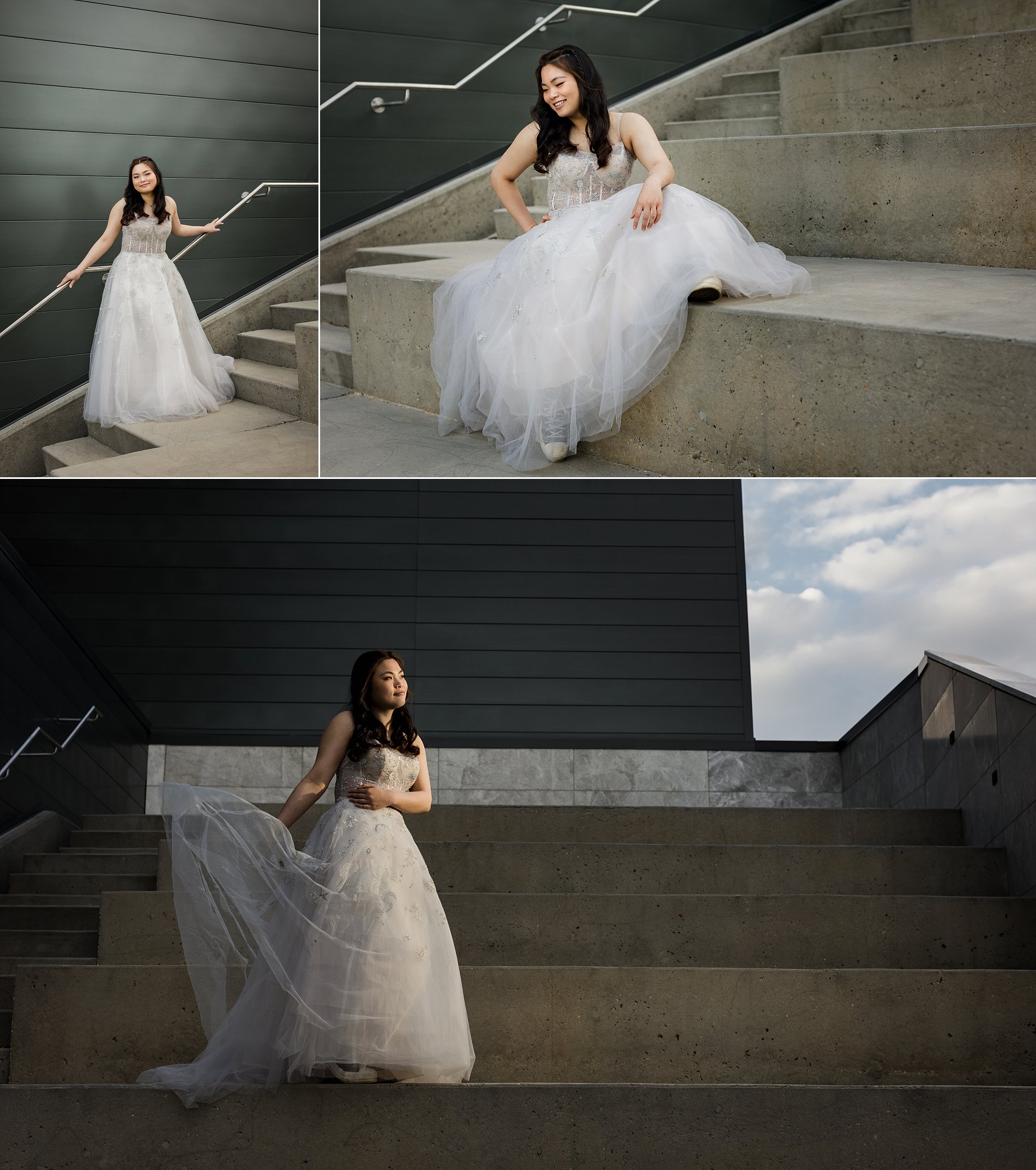 Dramatic graduation photos with a flowing dress at River Landing in downtown Saskatoon.