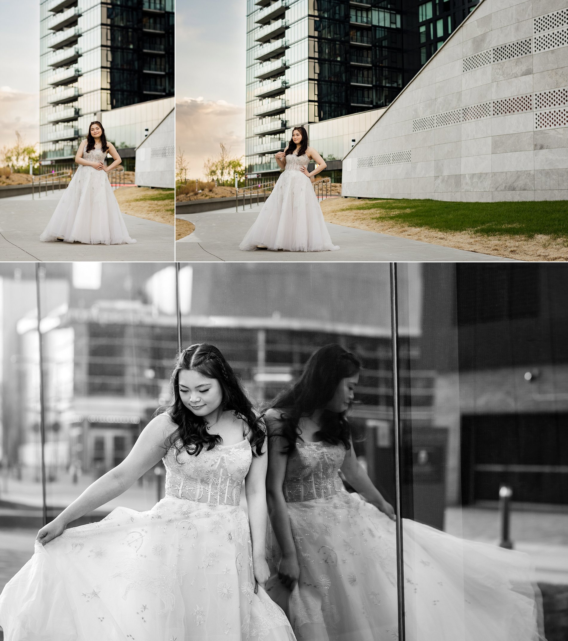 High school graduate poses with shiny glass buildings at K. W. Nasser Plaza on River Landing.