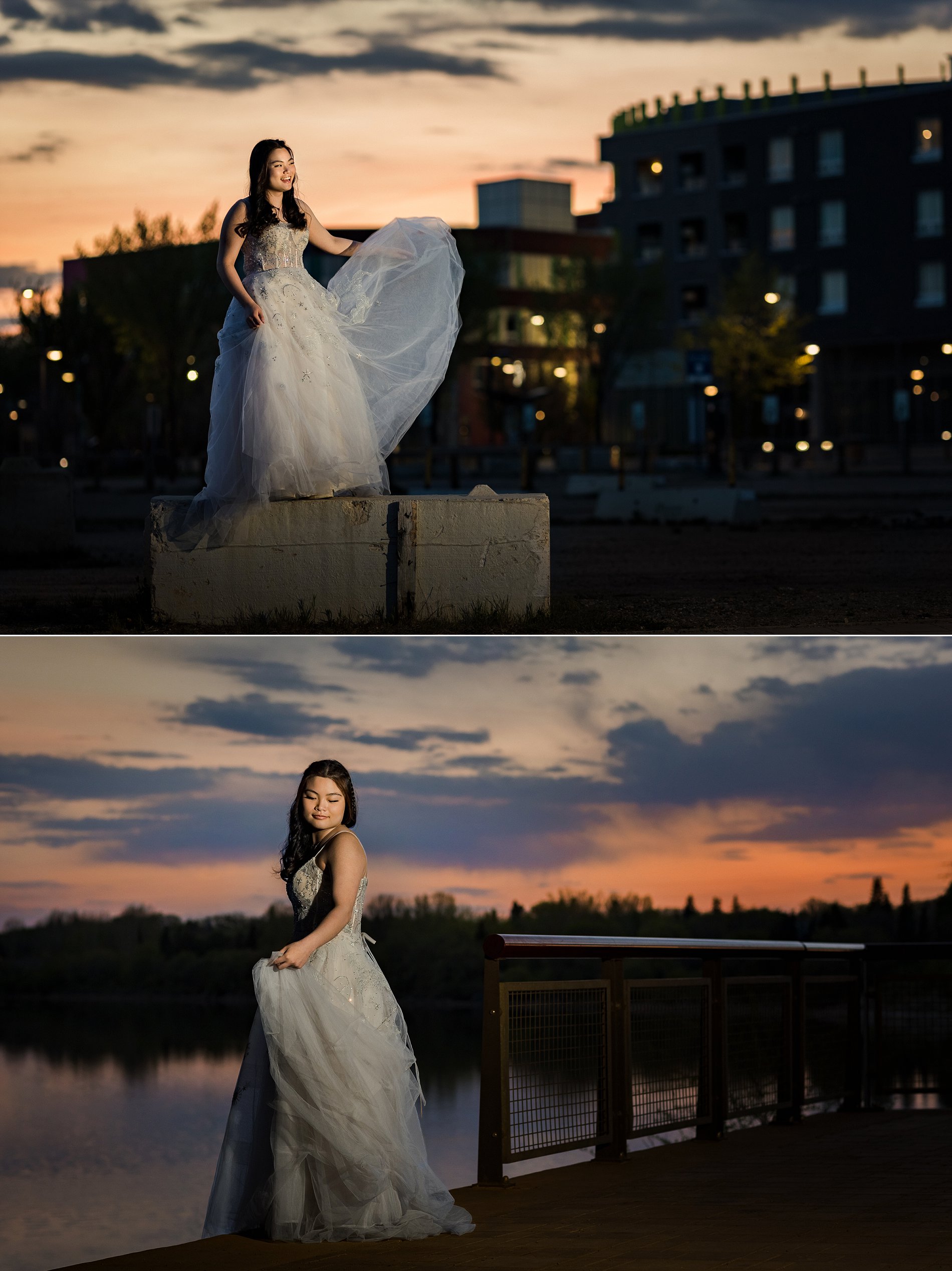 Graduation photos in downtown Saskatoon at River Landing during sunset, with the South Saskatchewan river and city lights in the background.