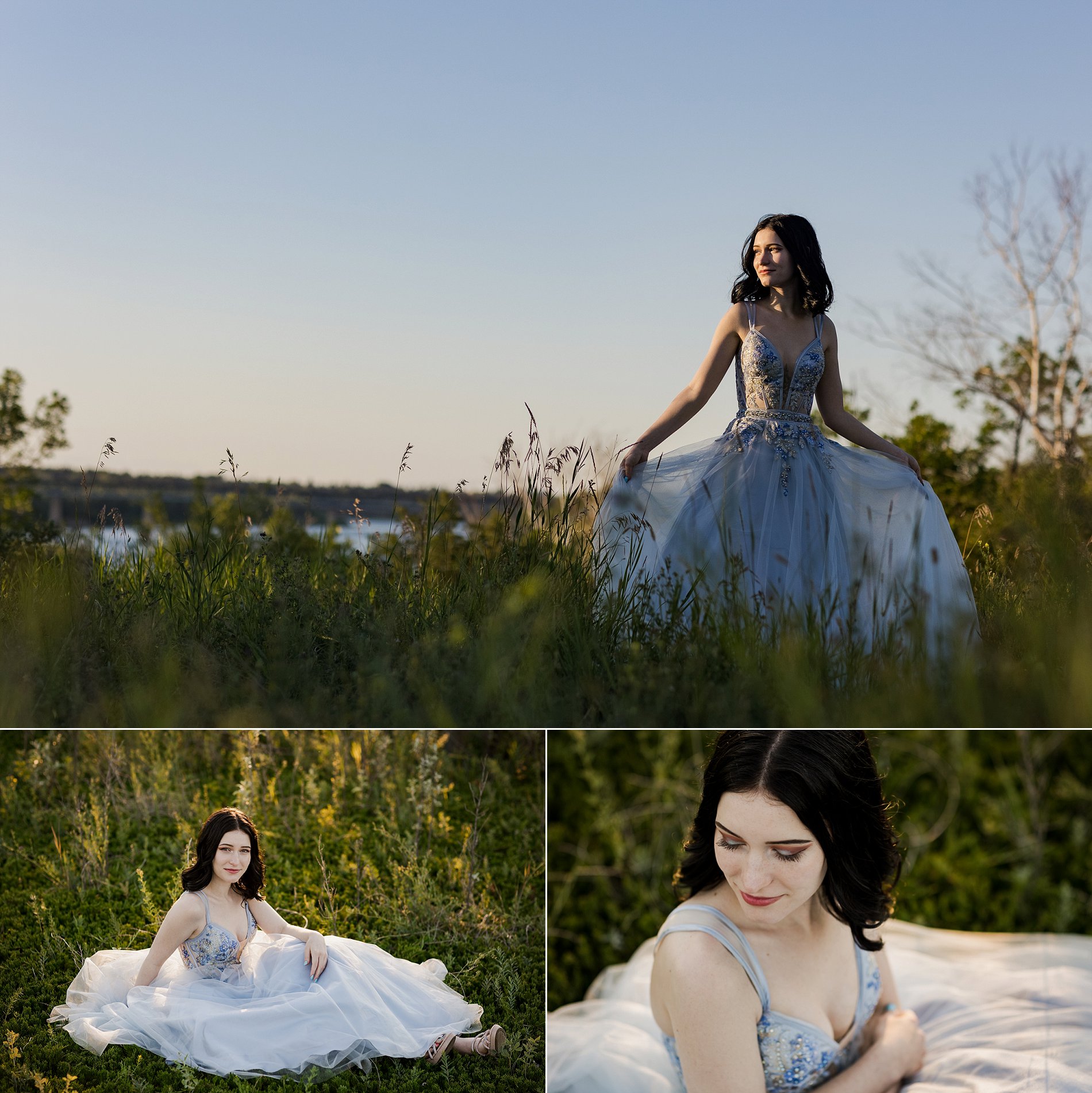 High school graduate in blue dress in a field of weeds against a blue sky by the river in Saskatoon.