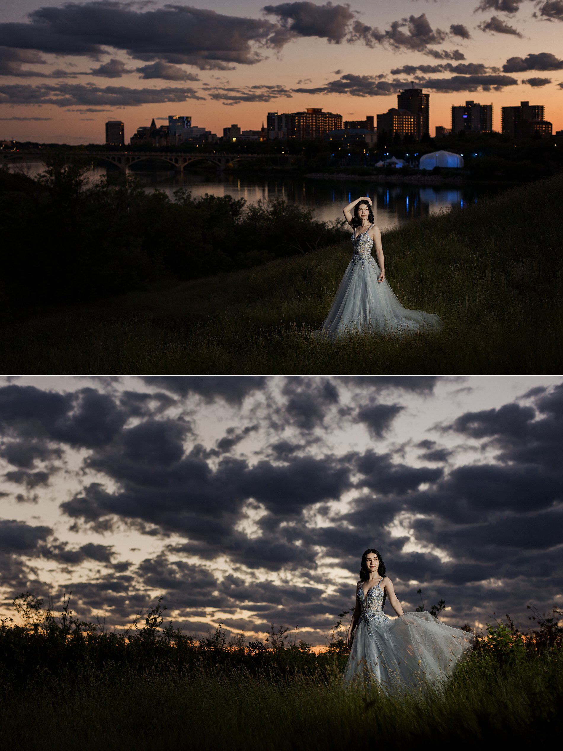 High school graduate poses for her portraits in a blue grad dress against the Saskatoon skyline at sunset.