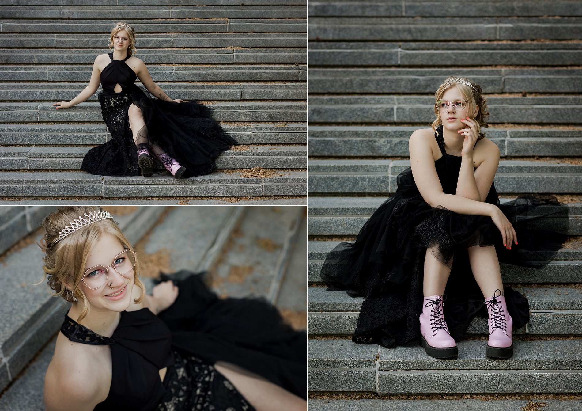 Jana wore a black lace grad dress and pink Steve Madden boots for her graduation photos in Saskatoon.