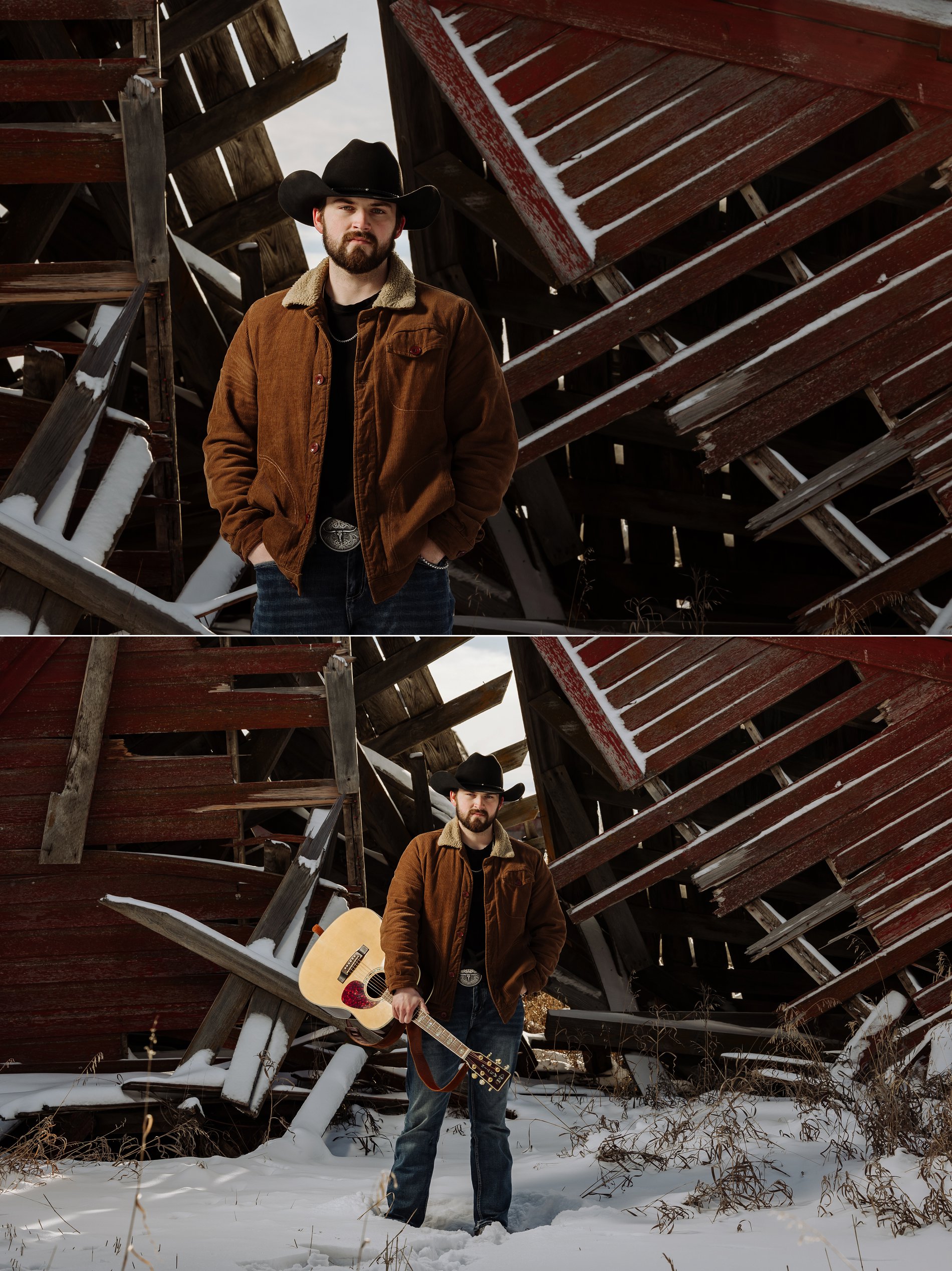 Musician headshots in Saskatoon. Josh Stumpf stands in front of a collapsed barn holding an acoustic guitar.