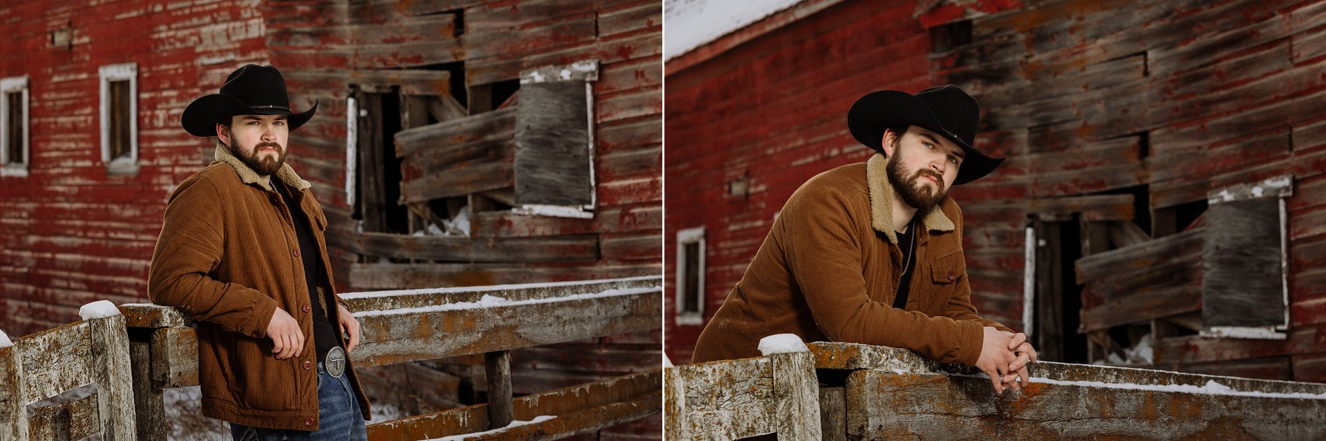 Country singer Josh Stumpf leans on a fence in front of a barn wearing a black cowboy hat.
