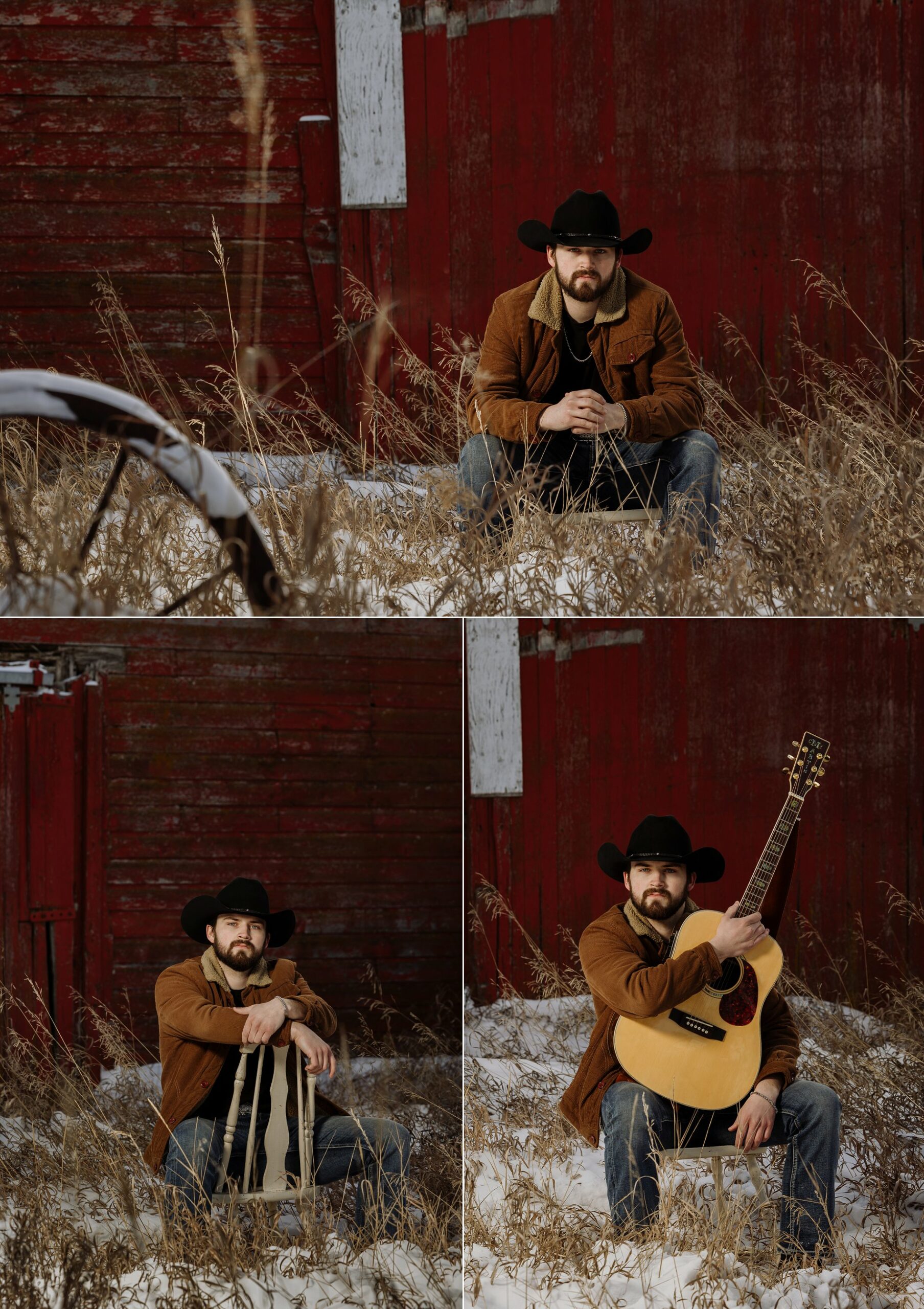 Saskatoon musician press photos for country music singer Josh Stumpf, who sits in front of a red barn surrounded by grass, holding a guitar.