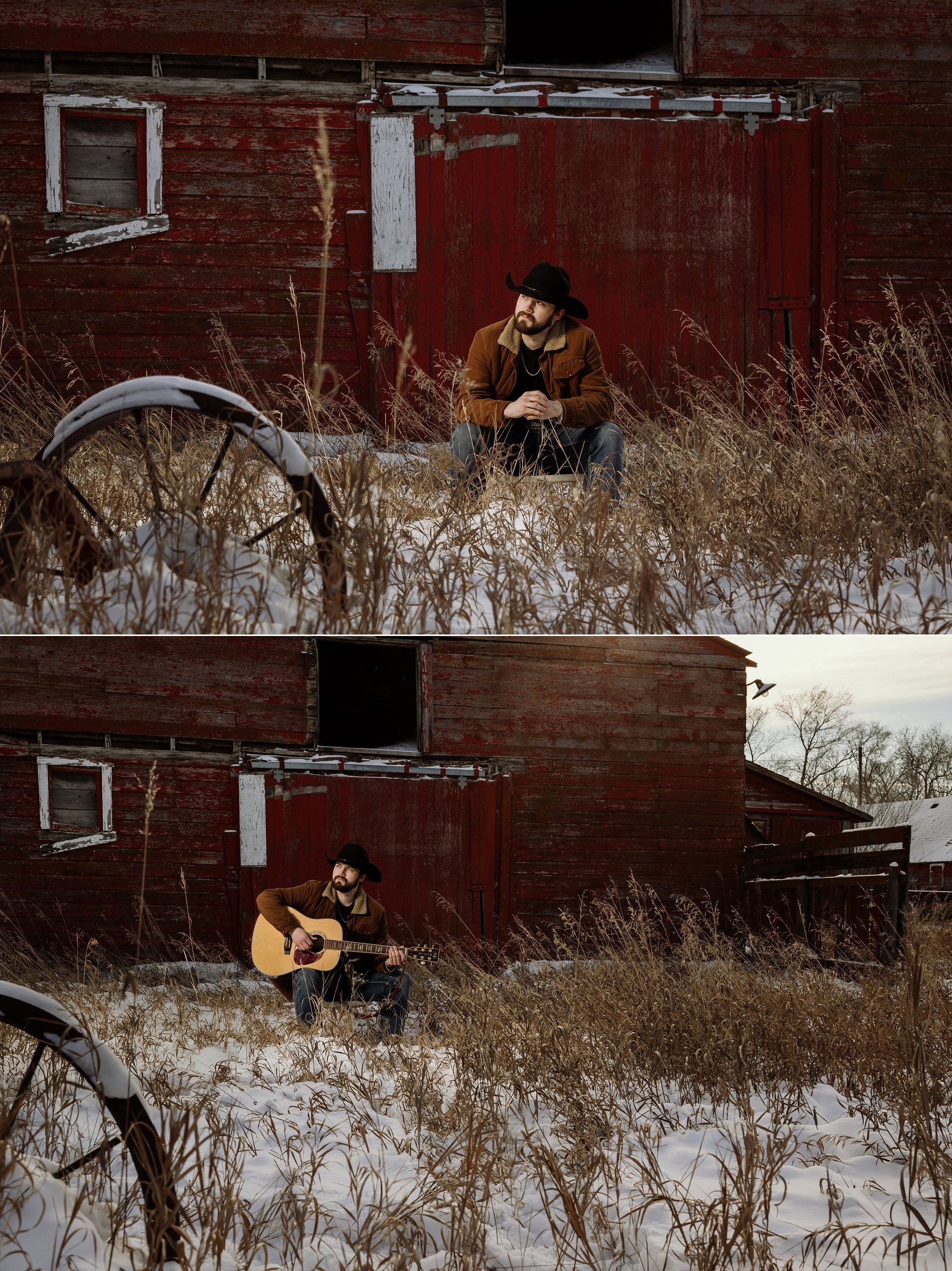 Country music singer Josh Stumpf sits in front of a red barn surrounded by grass, holding a guitar in his press photos.