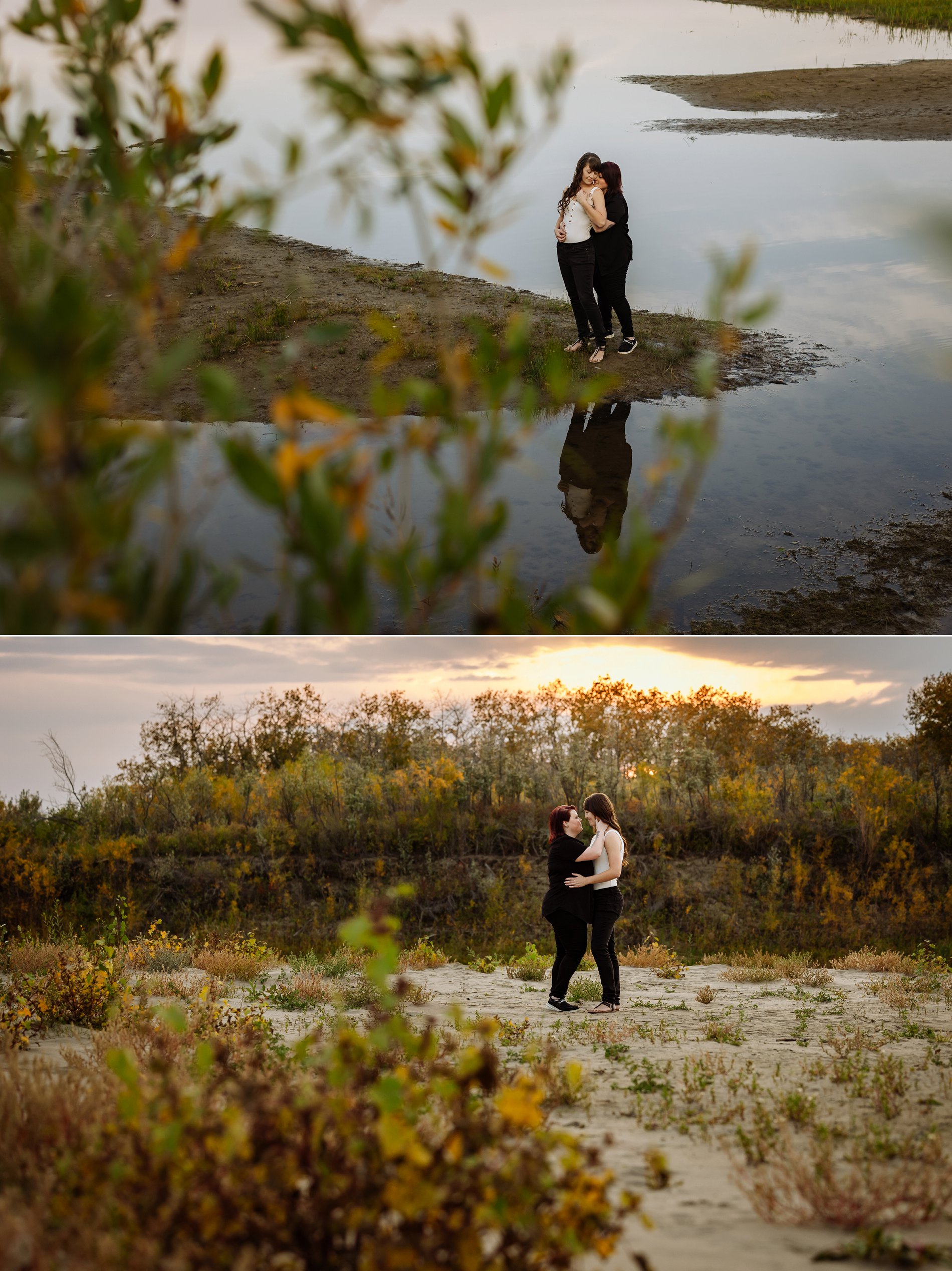 A same sex couple celebrates their proposal on the beach at Poplar Bluffs near Saskatoon at sunset.