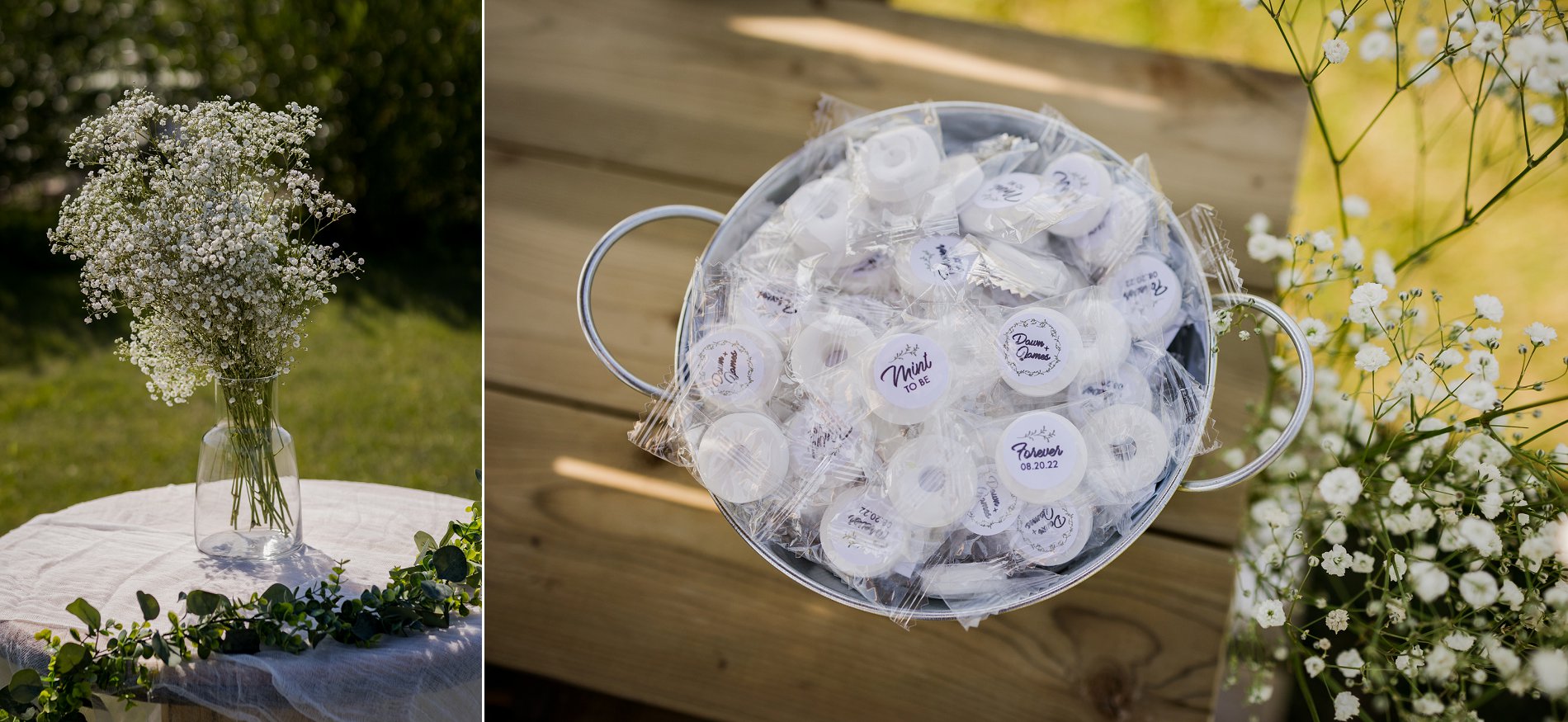 outdoor wedding ceremony decor with custom mints and baby's breath