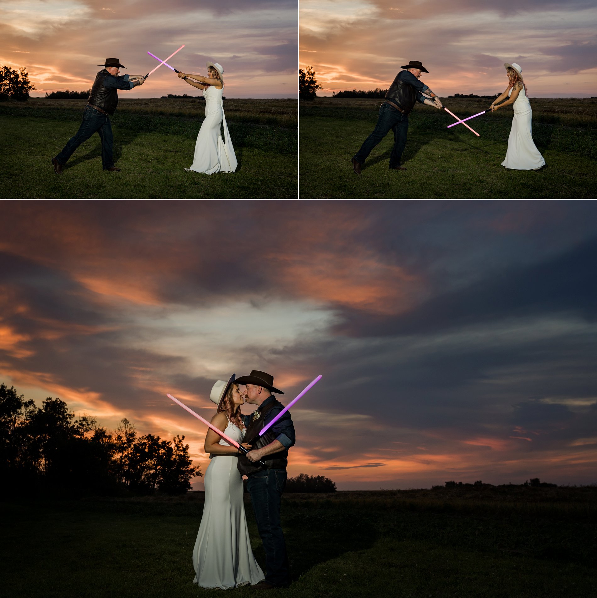 bride and groom have a lightsaber duel at sunset