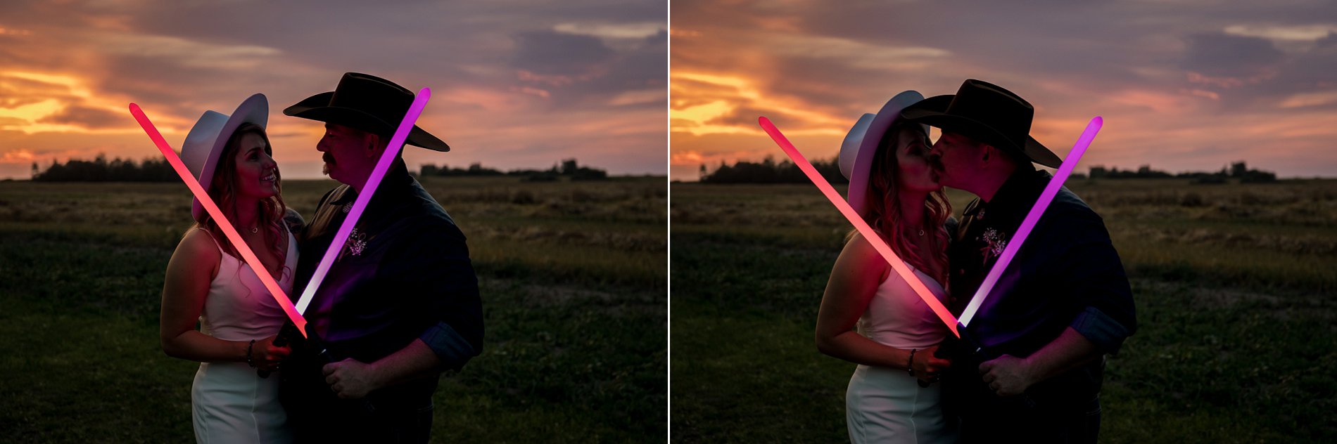 bride and groom pose with lightsabers at sunset