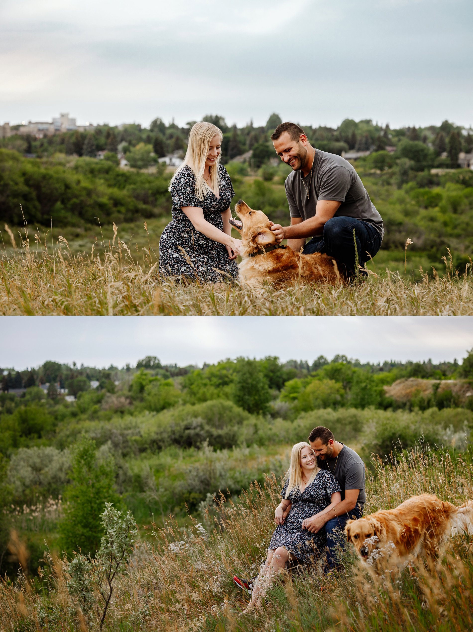 A couple poses for engagement photos with their dog overlooking the river in Saskatoon.