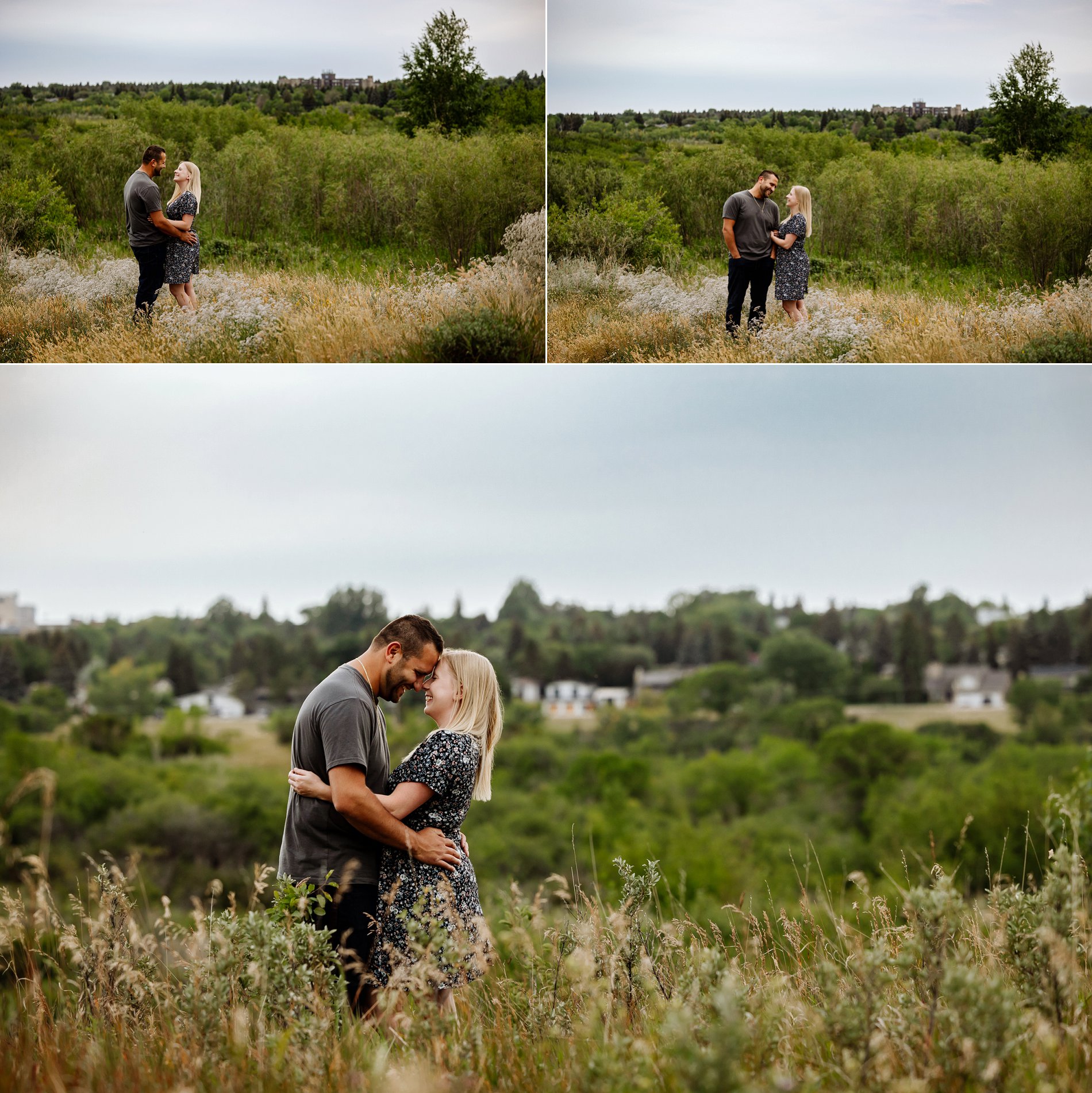 A couple poses for engagement photos in a park overlooking the South Saskatchewan River in Saskatoon.
