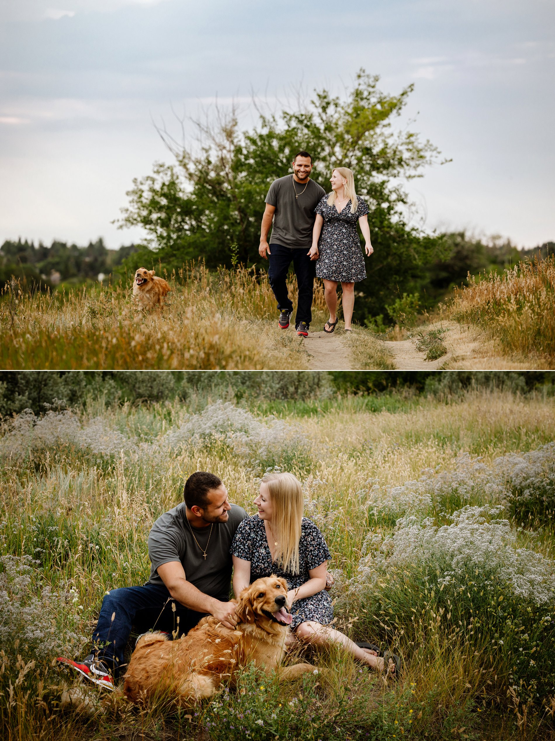 A couple walks down a path and sits with their dog in some flowers during their engagement session.