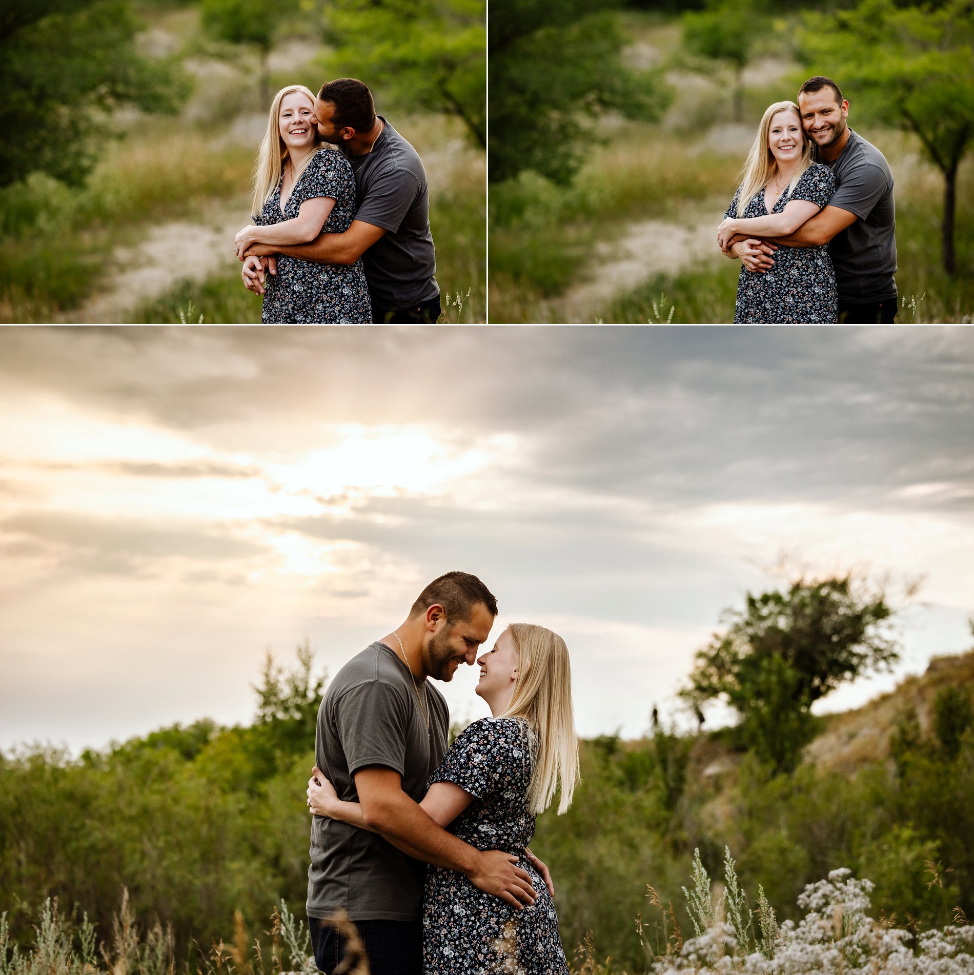 An engaged couple snuggles up for their photography session at sunset in Saskatoon.
