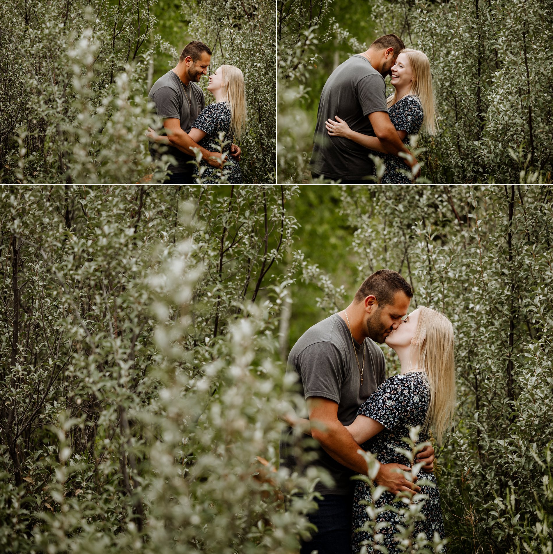 An engaged couple laughs and kisses in the trees during their Saskatoon engagement photos.